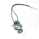 Abalone Shell Pendant Necklace Alloy Seahorse Shape with Leather Rope