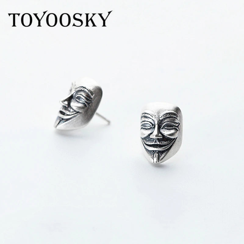 Abstract Art Stud Earrings 925 Thai Silver V Letter Man Face
