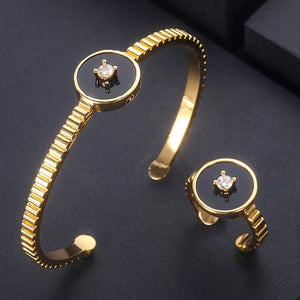 CZ Dubai Bridal Jewelry Set - Bangle Ring Set with Cubic Zircon Crystals