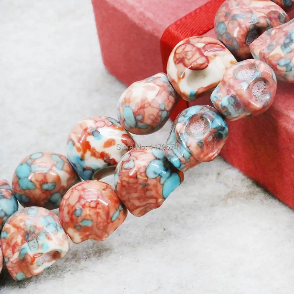 12mm Red Multicolor Riverstone Skull Beads for DIY Jewelry Making
