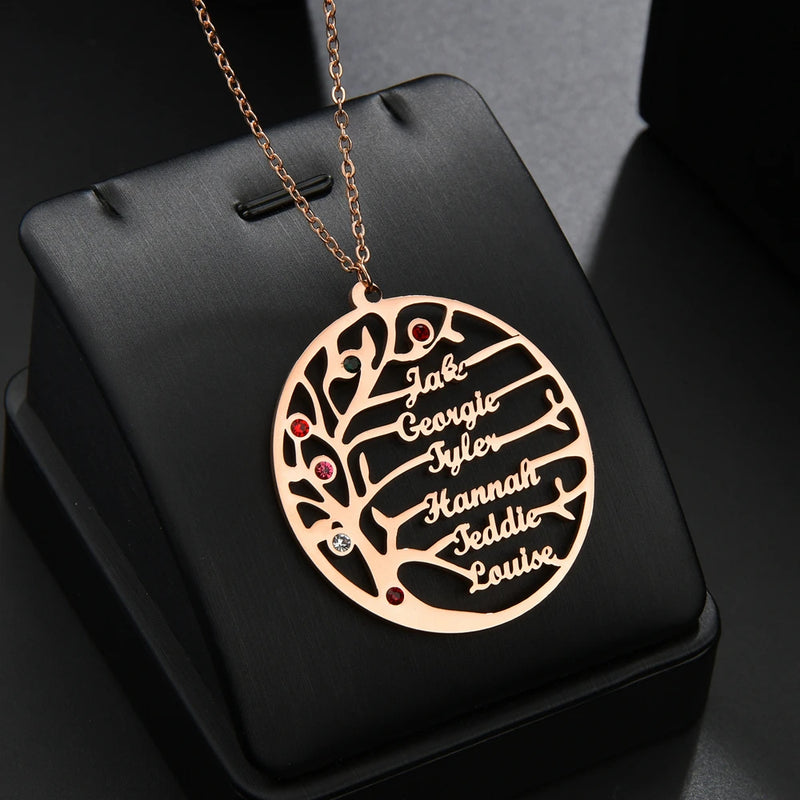 Personalized Family Tree Necklace with Birthstones - Stainless Steel