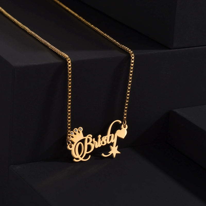 Personalized Name Box Chain Necklace Stainless Steel Zircon Crown Blade Pendant