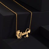 Personalized Name Box Chain Necklace Stainless Steel Zircon Crown Blade Pendant
