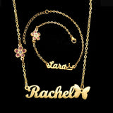 Acheerup Custom Name Necklace Bracelet Set with Zircon Flower Crown Pendant