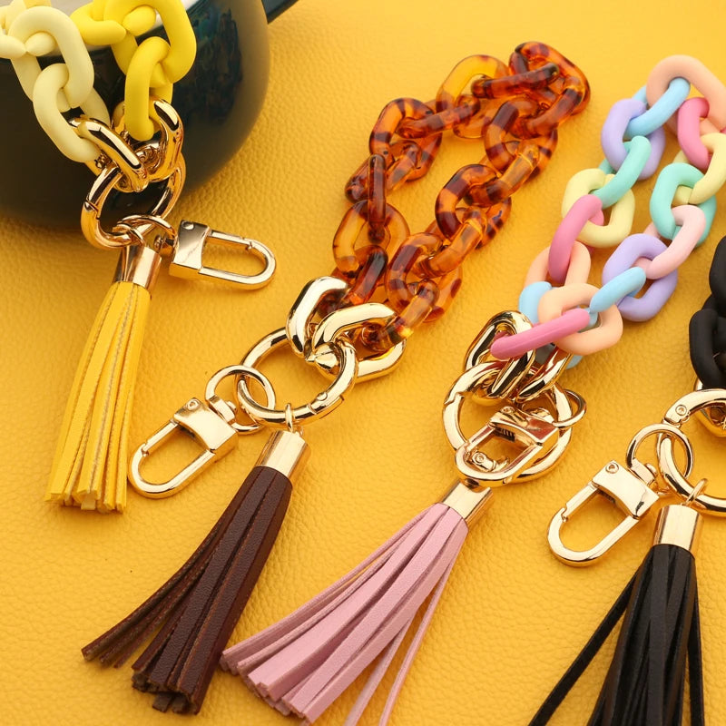 Acrylic Chain Keychain Colorful Tassel Wristlet Bracelet Keyring