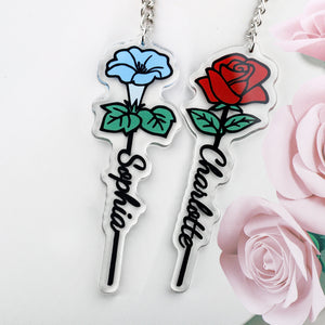 Personalized Birth Flower Keychain with Name - Stainless Steel Name Key Ring