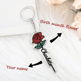 Personalized Birth Flower Keychain with Name - Stainless Steel Name Key Ring