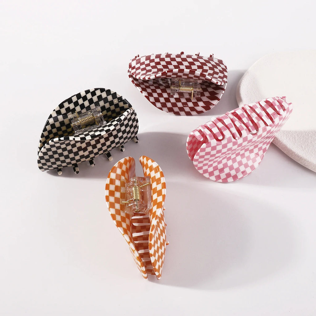 Acrylic Hair Claw Clips Vintage Mosaic Plaid Checkered Geometric Large Clamps