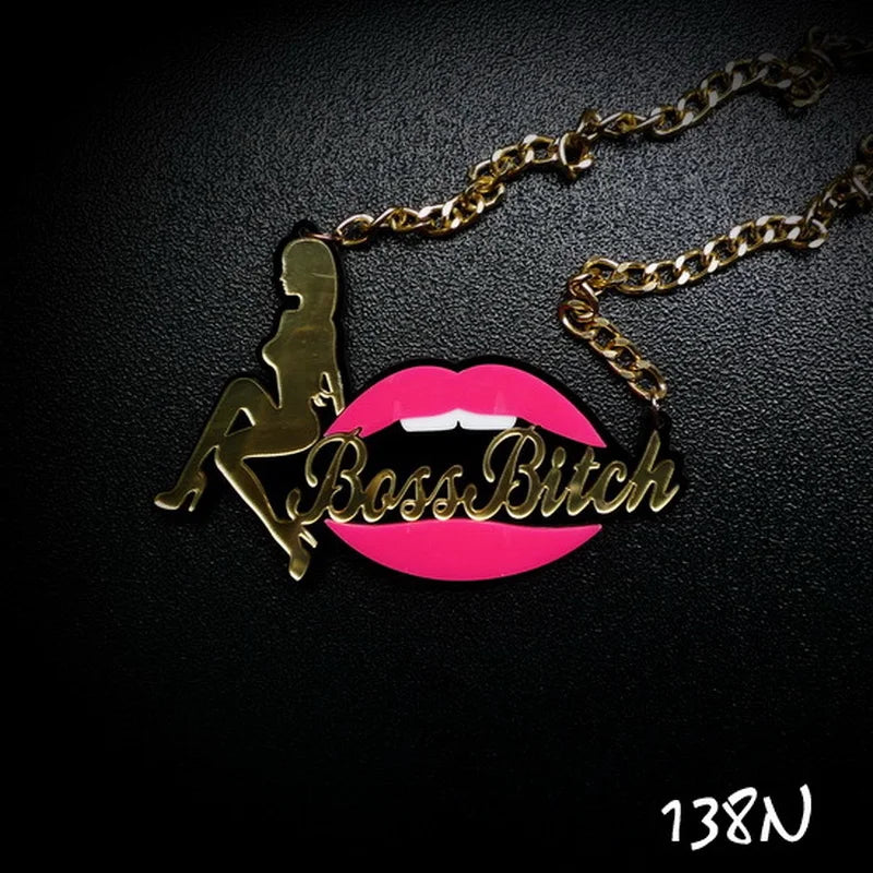 Acrylic Hip hop Boss Bitch Pendant Necklace