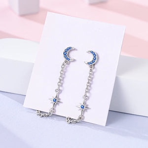 925 Silver Star Moon Tassel Chain Earrings Women's Jewelry