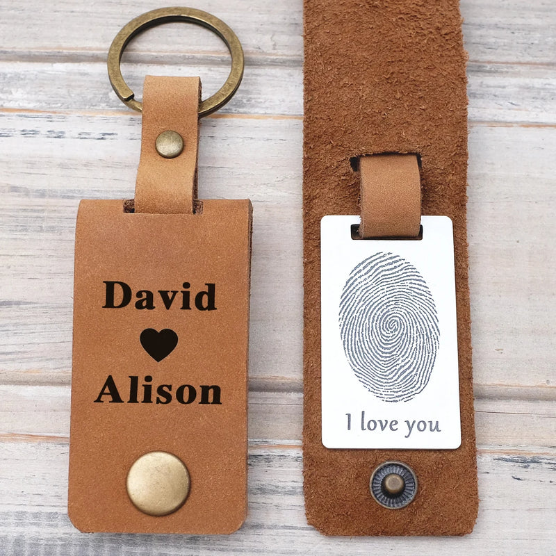 Personalized Fingerprint Keychain Engraved Leather Keychain