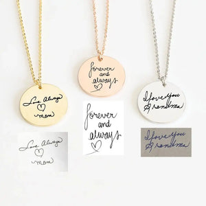 Engraved Stainless Steel Round Pendant Necklace with Handwriting Customization