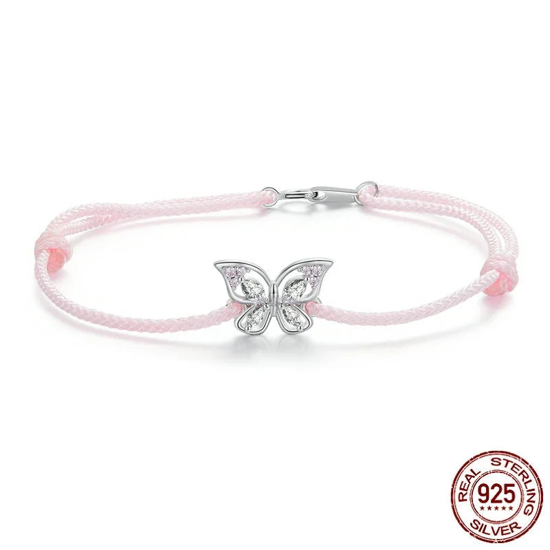 925 Silver Crystal Butterfly Charm Bracelet Pink Women Gift