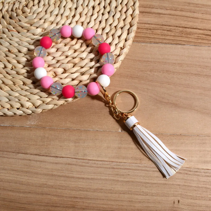 Adjustable Bracelet Keychain Pink Silicon Beads Accessory