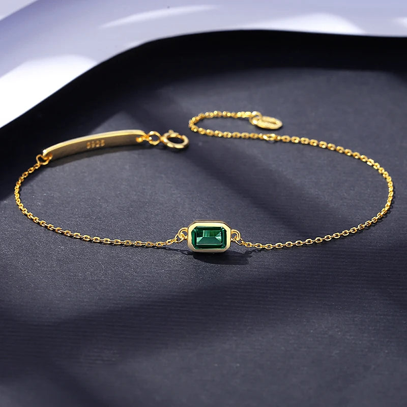 Adjustable Bracelet Silver Chain Link Emerald Lab Gemstone Bezel Setting