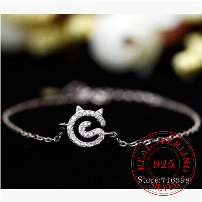 925 Silver Cat Charm Bracelet Adjustable Chain Crystal Bangle Femme Gift