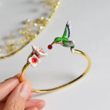 Adjustable Enamel Hummingbirds Flowers Bracelet Birdie Jewelry