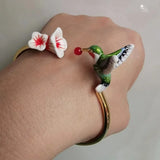 Adjustable Enamel Hummingbirds Flowers Bracelet Birdie Jewelry