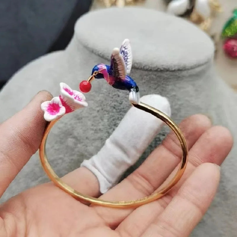 Adjustable Enamel Hummingbirds Flowers Bracelet Birdie Jewelry