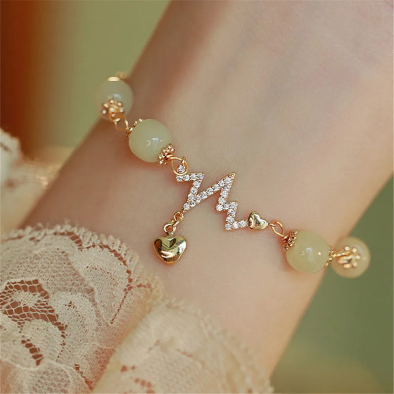 Adjustable Hetian Jade Bead Bracelet Heart Pendant