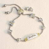 Adjustable Engraved Name Bracelet with Peach Heart Butterfly Cross Pendant