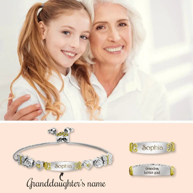 Adjustable Engraved Name Bracelet with Peach Heart Butterfly Cross Pendant
