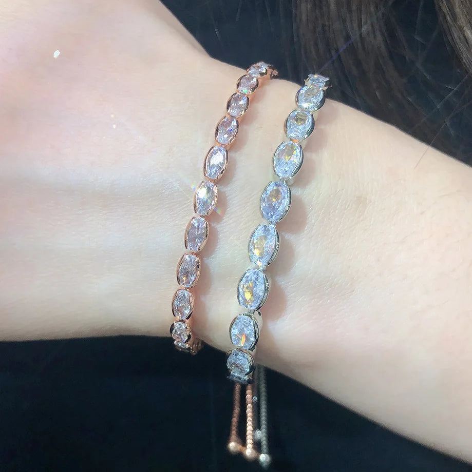 Adjustable Oval Crystal Tennis Bracelet Zirconia Chain On Hand H202