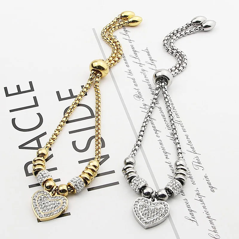 Adjustable Zircon Heart Charm Bracelet Stainless Steel Women Kids Gift