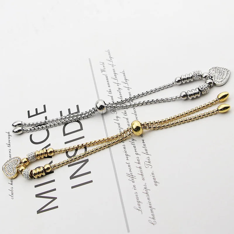 Adjustable Zircon Heart Charm Bracelet Stainless Steel Women Kids Gift