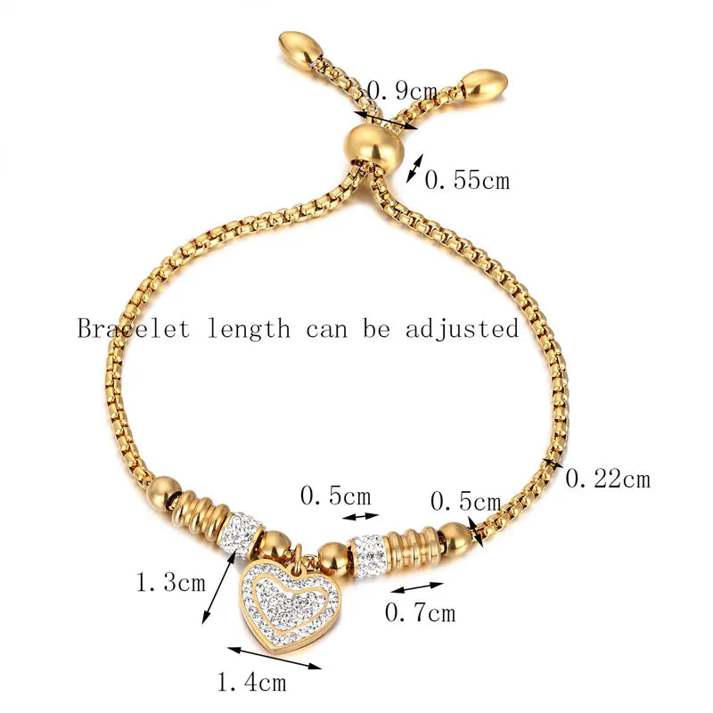 Adjustable Zircon Heart Charm Bracelet Stainless Steel Women Kids Gift