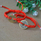 Adjustable Red Silk Blessing Bracelet with Ancient Coins