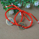 Adjustable Red Silk Blessing Bracelet with Ancient Coins