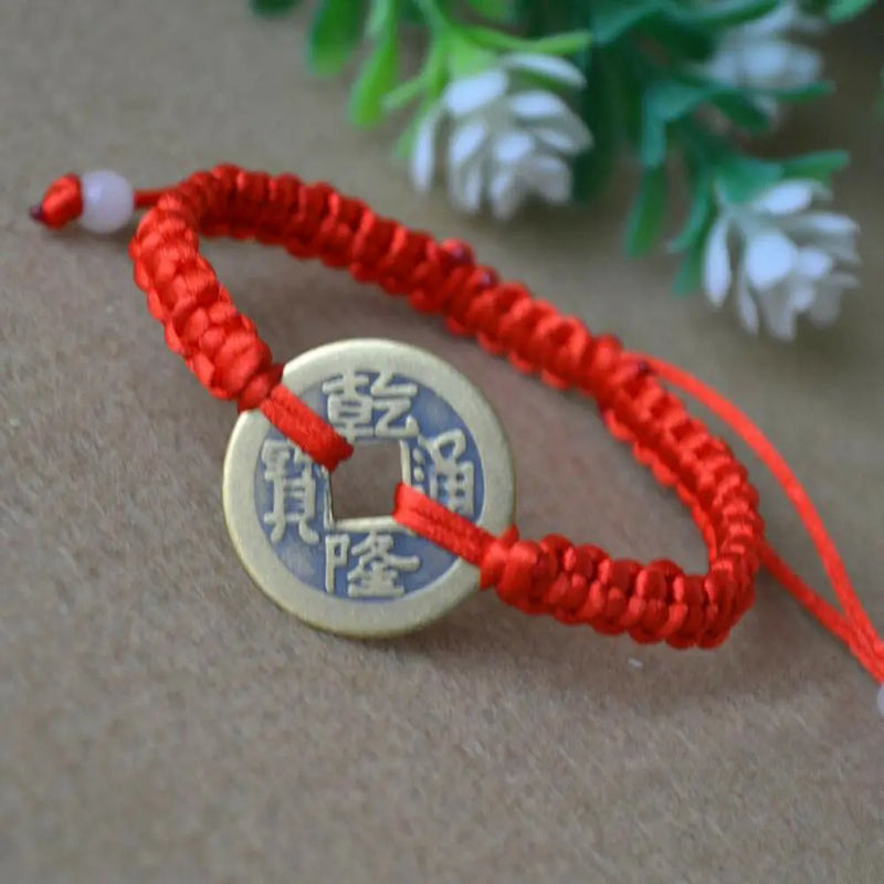 Adjustable Red Silk Blessing Bracelet with Ancient Coins