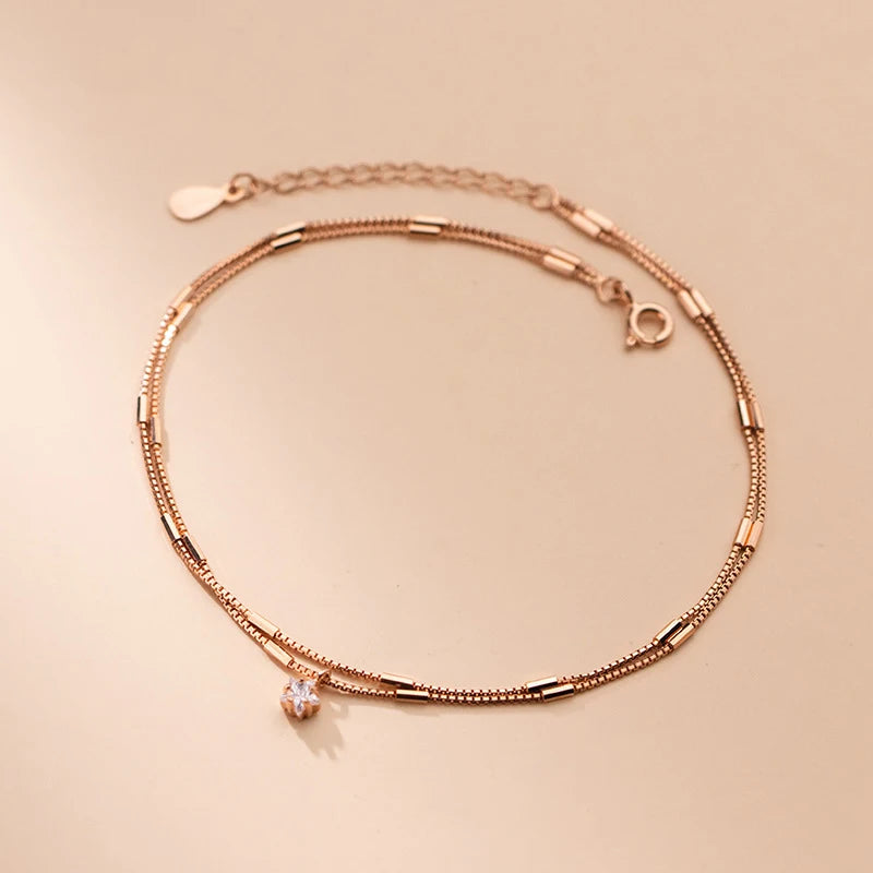 Adjustable Woman Ankle Box Chain Silver 925 Rose Jewelry Foot Bracelet