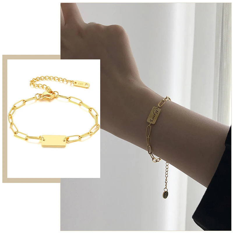 Adjustable Women Bracelet Metal Wristband Wedding Name Tag
