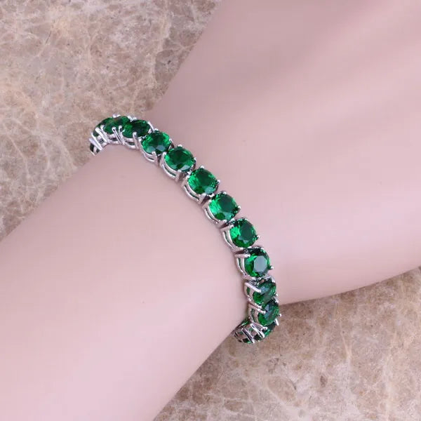 Green Cubic Zirconia Silver Plated Chain Bracelet 7 inch