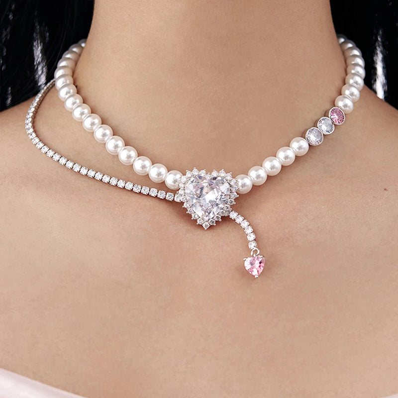 Pink Diamond Necklace Female Brilliant Jewelry Wedding Girl Gift