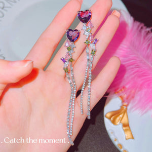 Sparkling Purple Heart Stud Earrings with Tassel, High Carbon Diamond Jewelry