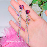 Sparkling Purple Heart Stud Earrings with Tassel, High Carbon Diamond Jewelry