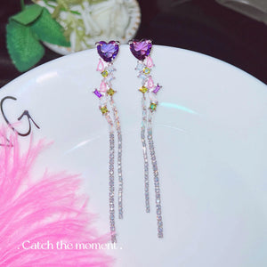 Sparkling Purple Heart Stud Earrings with Tassel, High Carbon Diamond Jewelry