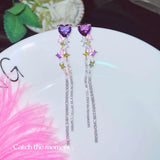Sparkling Purple Heart Stud Earrings with Tassel, High Carbon Diamond Jewelry