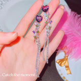 Sparkling Purple Heart Stud Earrings with Tassel, High Carbon Diamond Jewelry