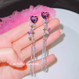 Sparkling Purple Heart Stud Earrings with Tassel, High Carbon Diamond Jewelry