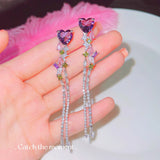 Sparkling Purple Heart Stud Earrings with Tassel, High Carbon Diamond Jewelry