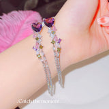 Sparkling Purple Heart Stud Earrings with Tassel, High Carbon Diamond Jewelry