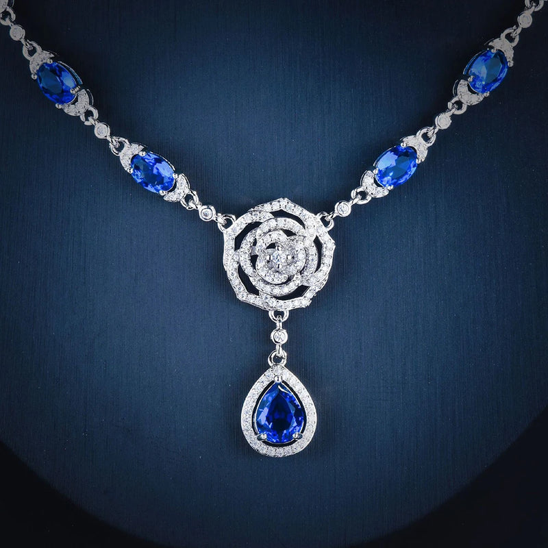 Sapphire Camellia Necklace Bright Zircon Jewelry Girl's Gift