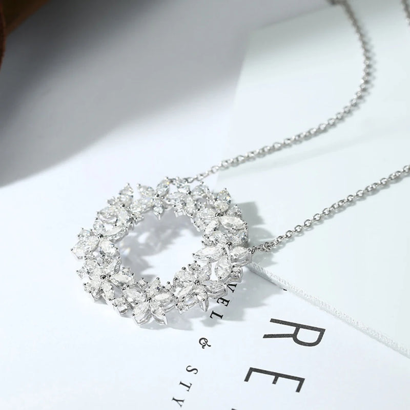 Cluster Necklace Flower Circle Pendant Zircon Jewelry Gift