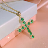 Vintage Cross Emerald Necklace Zircon Girl Gift Party