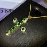 Vintage Cross Emerald Necklace Zircon Girl Gift Party
