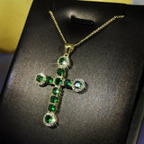 Vintage Cross Emerald Necklace Zircon Girl Gift Party